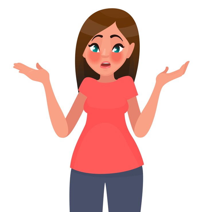 Vector gesto oops, perdón o no lo sé. la mujer se encoge de hombros y extiende las manos. ilustración en estilo de dibujos animados