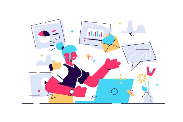 Gestor de contenido en el trabajo ilustración dibujada a mano. Concepto femenino de habilidad multitarea. Chica joven que gestiona el personaje de dibujos animados de procesos de estrategia SMM. Trabajador independiente ocupado con análisis de marketing por correo electrónico.