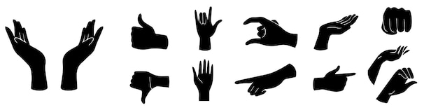 Gestos Un conjunto de manos en diferentes gestos Siluetas de manos Manos de mujeres en diversas situaciones Sobre un fondo blanco aislado Ilustración vectorialEPS 10