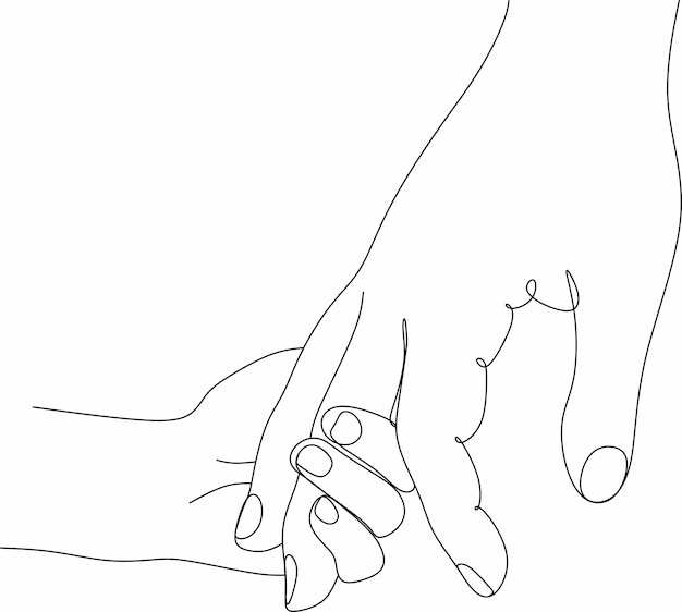 Gestos de mano dibujados en una sola línea mano de padre minimalista y mano de bebé niños sosteniendo el dedo