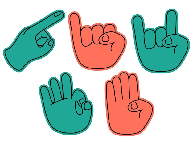 Gestos de mano de Doodle coloridos con diferentes significados y símbolos buenos para el diseño de carteles, etc.