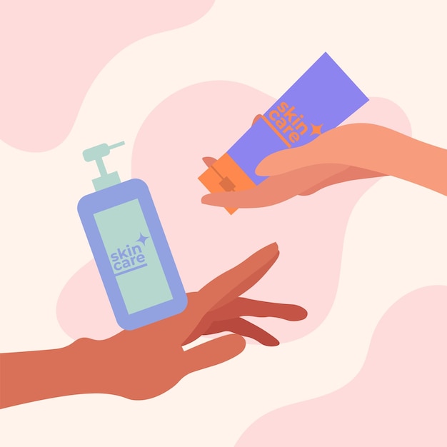 Gestos de las manos y los dedos que muestran un producto de belleza en una ilustración plana