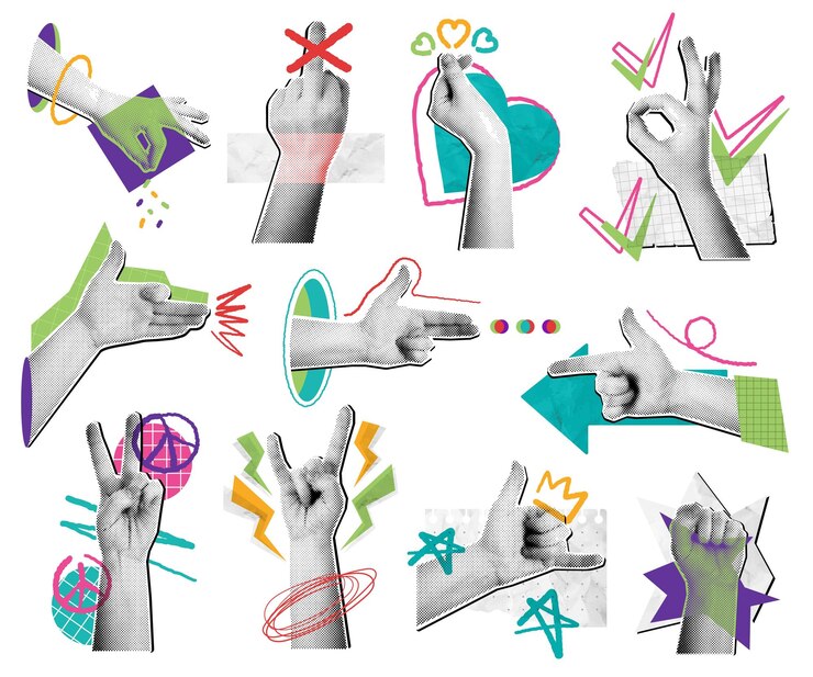 Vector gestos de manos de medio tono collage composiciones de manos de medios mixtos arte pop gestos de señalización y signos de manos estilo scrapbooking conjunto de vectores aislados
