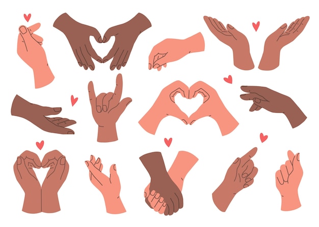 Vector gestos de las manos que expresan amor tomados de la mano señalando con el dedo las palmas humanas con el corazón ilustración vectorial plana