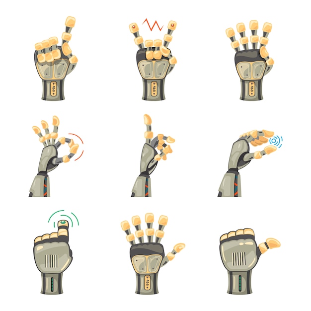 Gestos con las manos del robot. Manos robóticas. Símbolo de ingeniería de máquinas de tecnología mecánica. Conjunto de gestos con las manos. Futurista. Gran brazo de robot. Señales. ilustración sobre fondo blanco.