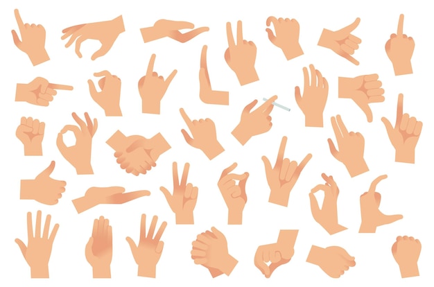 Vector gestos con las manos. varios brazos, manos humanas, ok, pulgar hacia arriba y señalar con el dedo, pellizcar y puño. gesto de brazo optimista o pesimista, conjunto aislado de dibujos animados planos de vector de comunicación interactiva