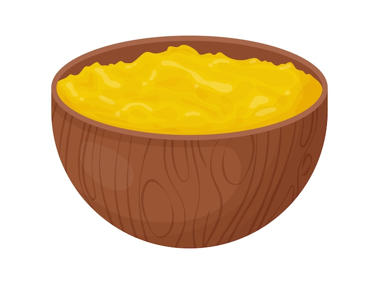 Vector ghee en tazón de madera con cuchara mantequilla tradicional de asia en estilo de dibujos animados ingrediente alimentario para cocinar