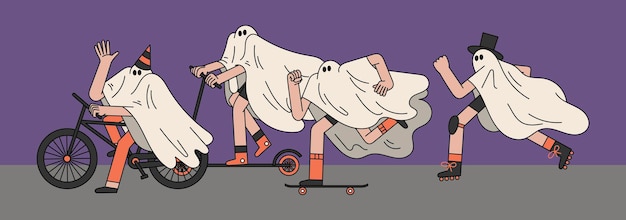 Ghost Riding Bicycle Scooter Skateboard y Rollerblades Ilustración de personaje dibujado a mano