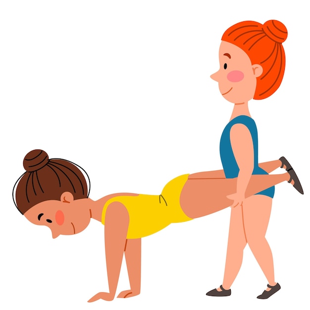 Gimnasia deportiva infantil Una niña sostiene las piernas de otra niña Ejercicios de pareja para la mano
