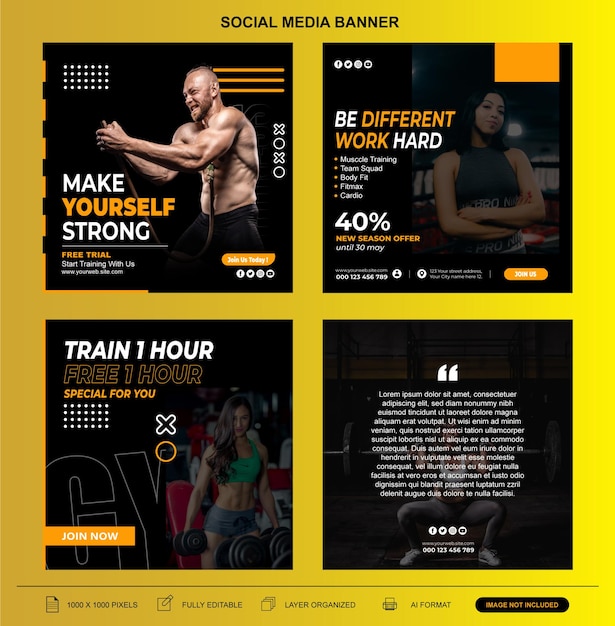 Gimnasio de fitness o gimnasio y redes sociales de fitness e Instagram o Facebook post amp web banner