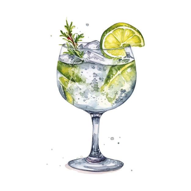 Gin Tonic cóctel acuarela dibujado a mano ilustración Bebida clipart