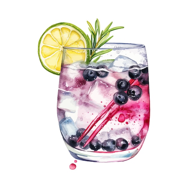 Gin Tonic cóctel acuarela dibujado a mano ilustración Bebida clipart