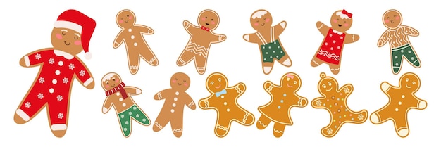 Gingerbread Cookie de Navidad Conjunto de galletas caseras dulces de invierno en forma de diferentes personajes y artículos navideños sobre un fondo blanco