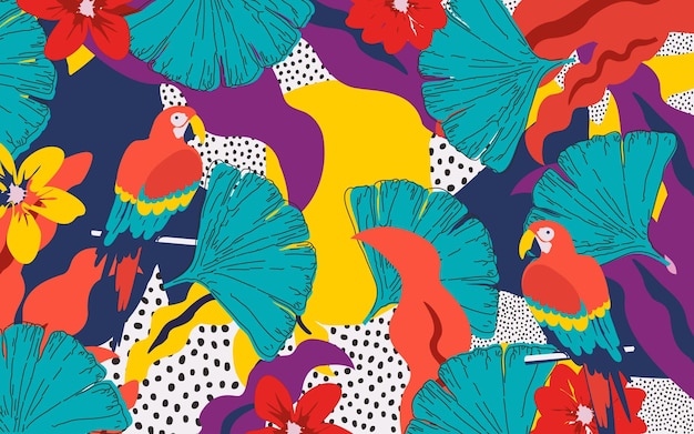 Ginkgo deja flores y loros patrón de colores tropicales fondo de cartel vibrante