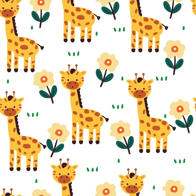 Girafa de dibujos animados sin costuras con planta floral y árbol papel tapiz de animal lindo para textiles