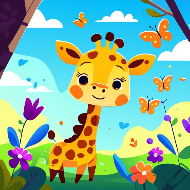 Vector una girafa linda dibujada a mano, plana, elegante y adhesiva de dibujos animados, icono de concepto, ilustración aislada