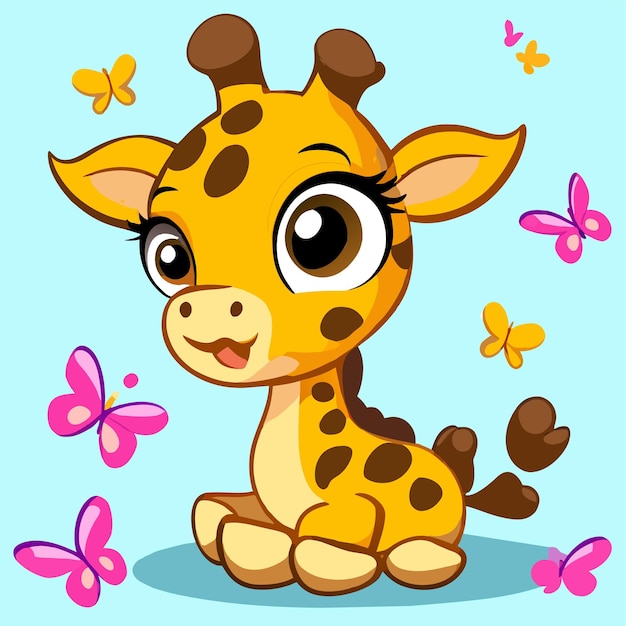 Una girafa linda dibujada a mano, plana, elegante y adhesiva de dibujos animados, icono de concepto, ilustración aislada