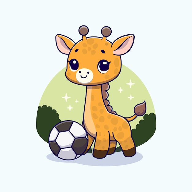 Una girafa linda jugando al fútbol en una ilustración vectorial de dibujos animados