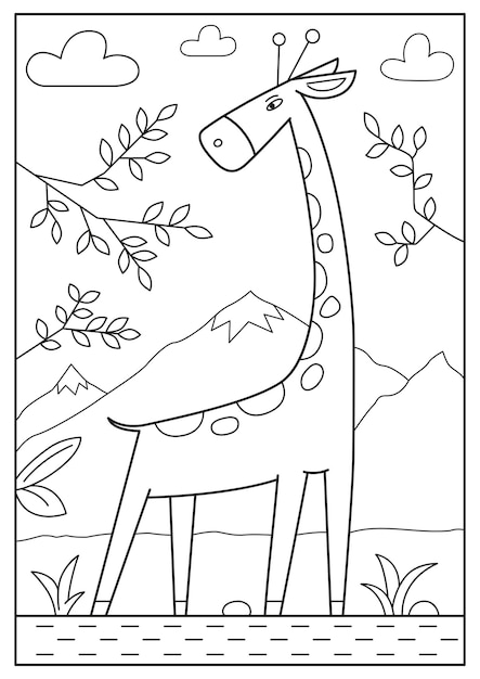 Girafa paisaje de África Ilustración vectorial en blanco y negro para libro de colorear