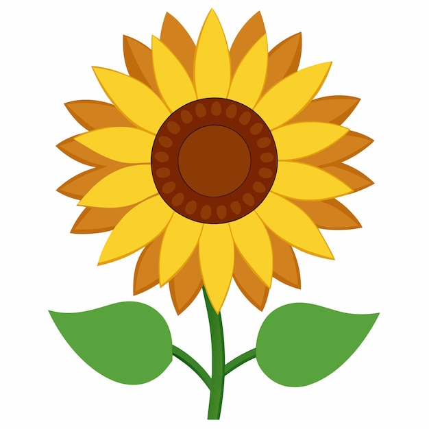 un girasol amarillo con hojas verdes y un parche marrón en el centro