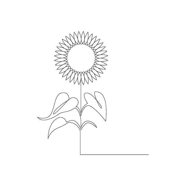 Girasol en un contorno continuo de una línea dibujado a mano de una flor aislada sobre un fondo blanco