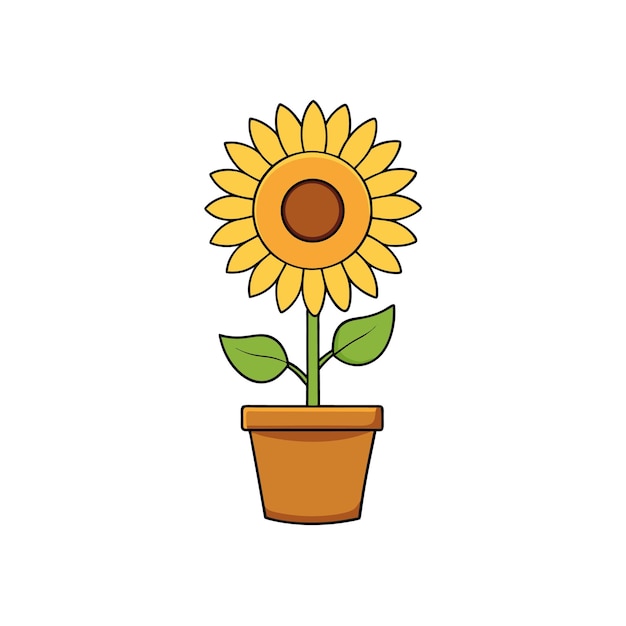 Girasol de dibujos animados en una olla marrón