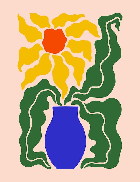 Vector girasol floral abstracto con hojas en florero afiche vector impresión botánica en estilo contemporáneo