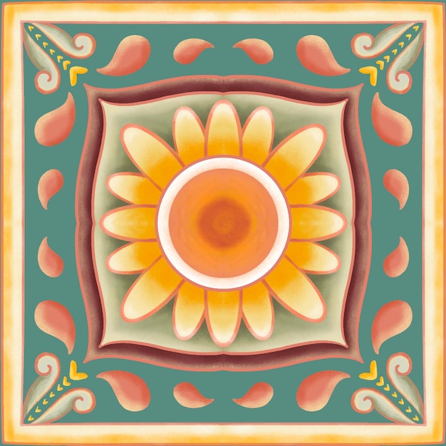 Girasol en mantón de bufanda verde Patrón geométrico étnico oriental tradicional Diseño para fondo alfombra papel tapiz ropa envoltura Batik tela vector ilustración bordado estilo xDxA