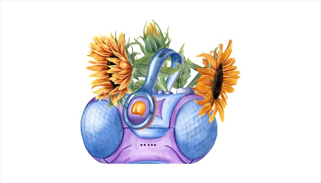 Vector girasoles auriculares grabadora de cinta flores con accesorios de audio auriculares boombox para escuchar música auricular para escuchar música sonido audio acuarela ilustración