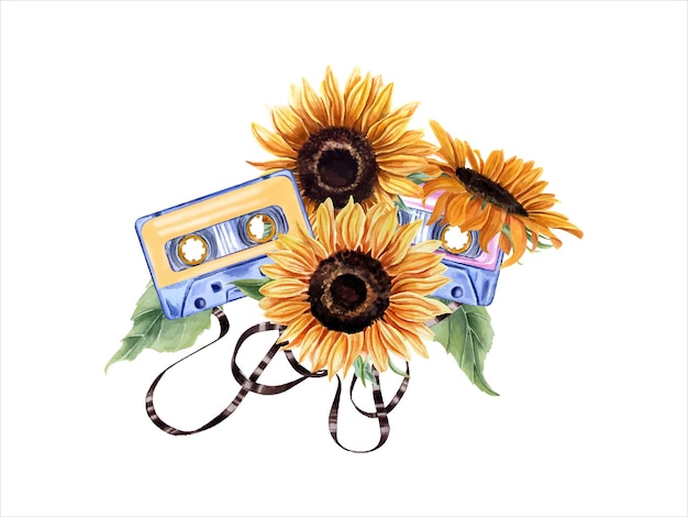 Girasoles y cassettes de audio con cinta hojas de cabeza de flor cintas magnéticas vintage multicolores cassettes compactas equipo de audio ilustraciones en acuarela