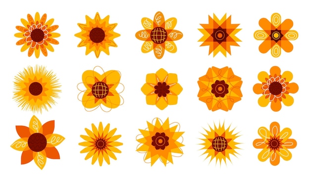 Girasoles de dibujos animados flores decorativas de otoño pétalos de naranja diferentes formas abstractas plantas amarillas y soleadas divertidas semillas cosecha colección botánica