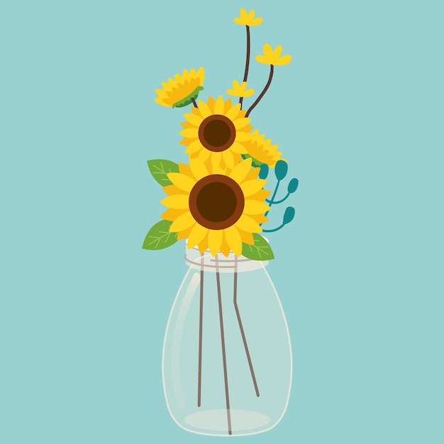 Vector girasoles en jarrón diseño de ilustración para invitaciones de aniversario de venta de fecha de boda de cumpleaños