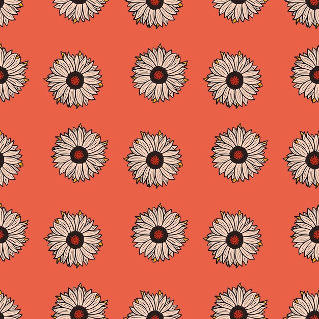 Girasoles de patrones sin fisuras fondo rojo. Textura simple con girasol y hojas.