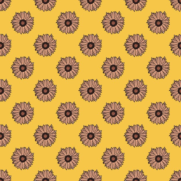 Girasoles de patrones sin fisuras sobre fondo amarillo. Hermosa textura con girasol y hojas.