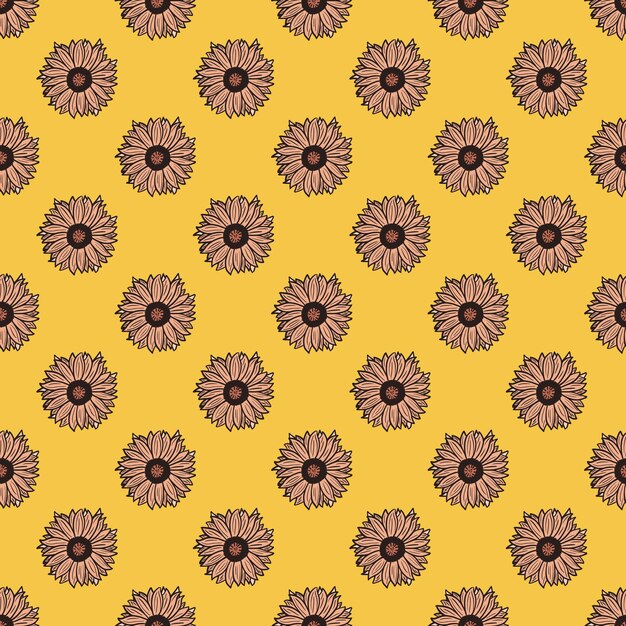 Girasoles de patrones sin fisuras sobre fondo amarillo. hermosa textura con girasol y hojas.