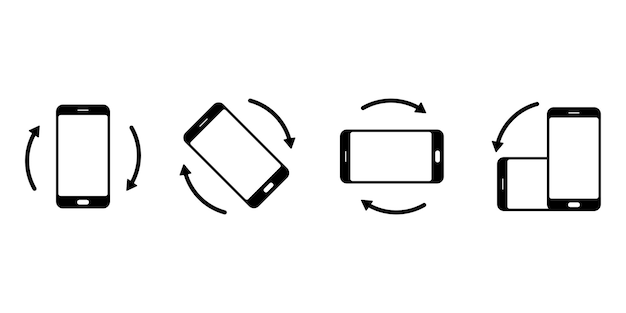 Gire el conjunto de iconos de teléfonos inteligentes. Teléfono inteligente de rotación horizontal y vertical. Señal de rotación del dispositivo.