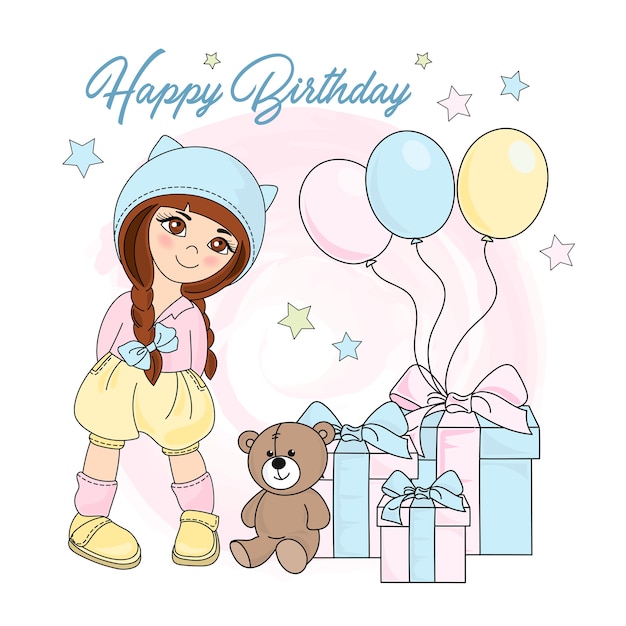 Girl birthday color vector illustration set para scrapbooking