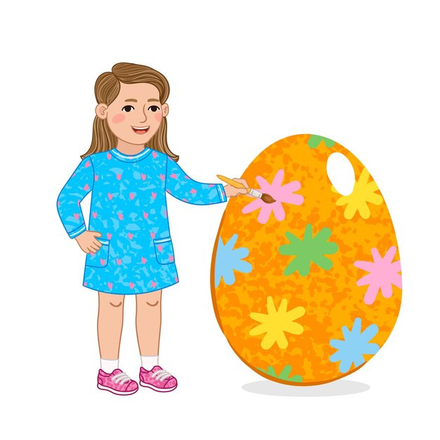 Girl Decorates an Easter Egg Colorful Illustration
