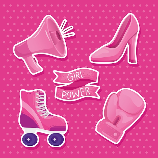 Vector girl power letras en marco de cinta y diseño de iconos