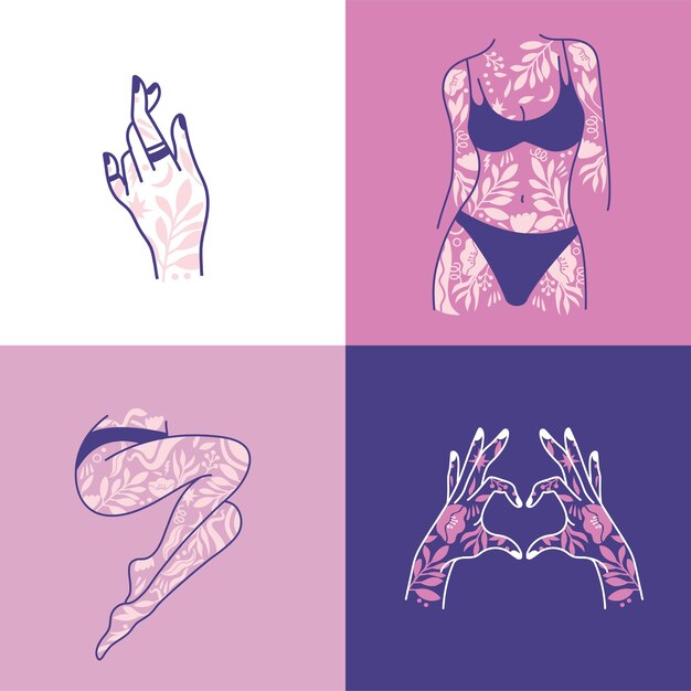 Vector girl power set iconos símbolo de la moda con manos tatuadas femeninas