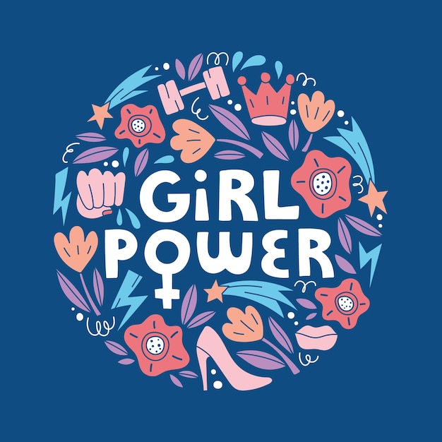 Vector girl power vector dibujado a mano letras con símbolos femeninos en el concepto de feminismo de estilo doodle