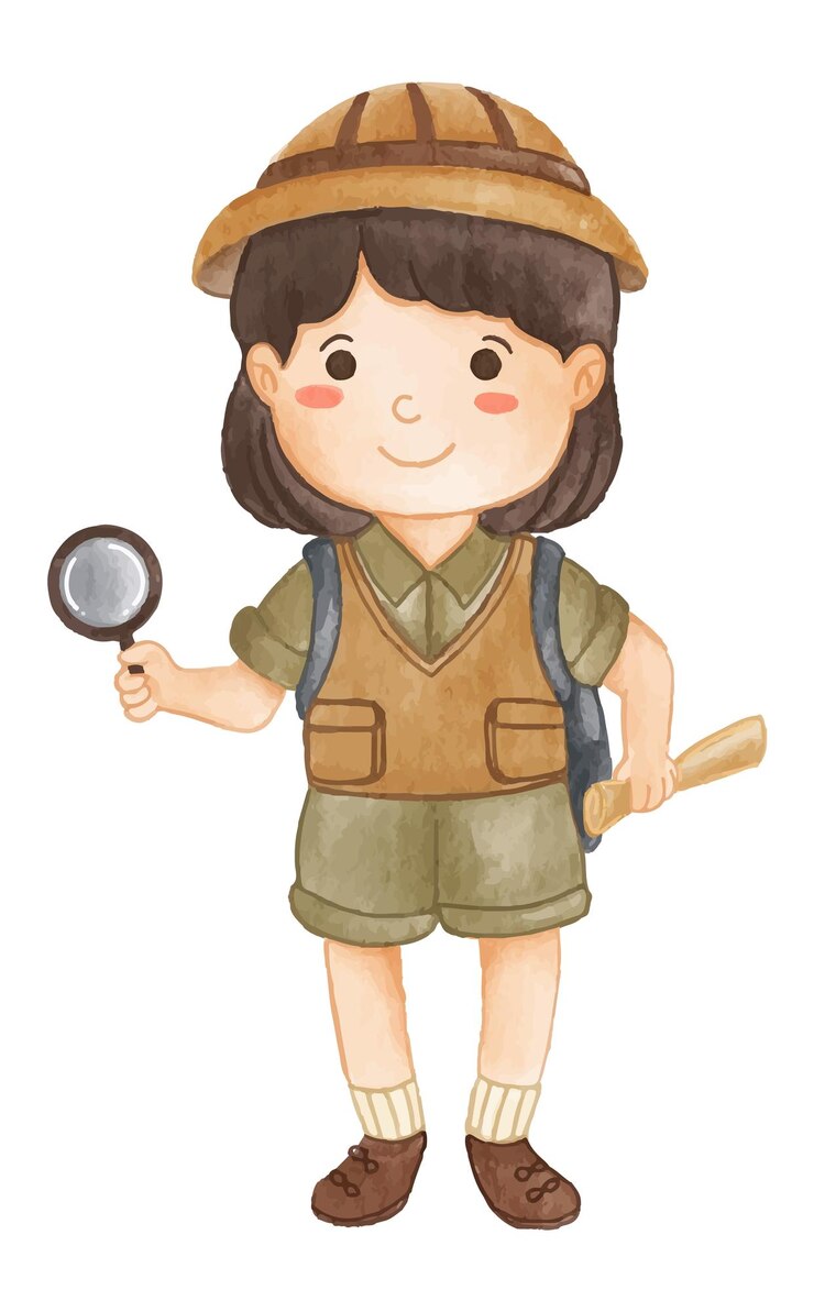 Vector girl scout con traje de senderismo mira a través de una lupa pintura de acuarela realista con textura de papel diseño de personajes de dibujos animados vector