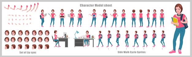 Girl student character design model sheet con animación de ciclo de caminata. diseño de personajes de niña. frontal, lateral, vista posterior y poses de animación explicativas. conjunto de caracteres con varias vistas y sincronización de labios