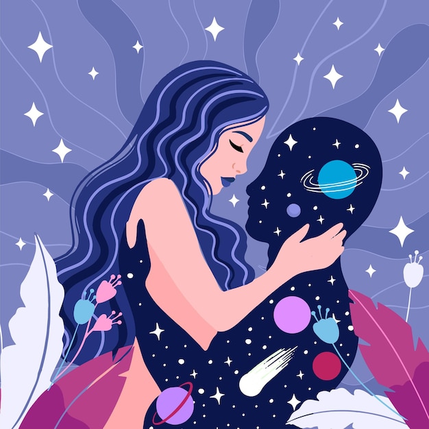 Girlmerging espiritual con el concepto de meditación y pensamiento de sueño de amor de espacio de universo