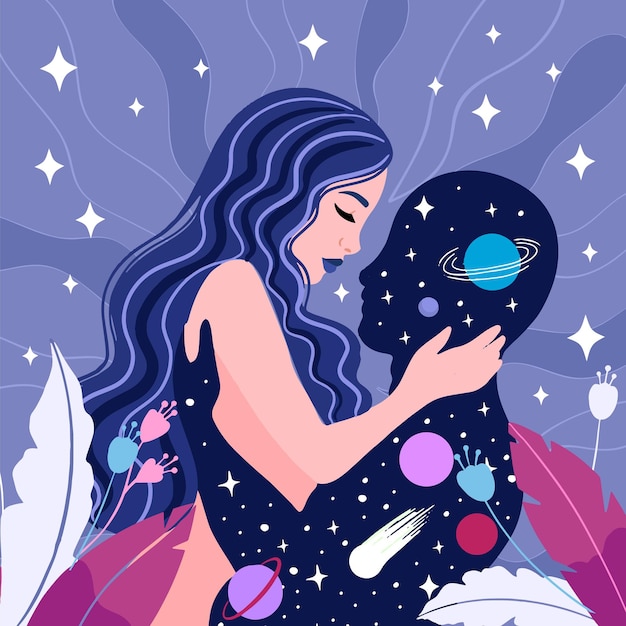 Vector girlmerging espiritual con el concepto de meditación y pensamiento de sueño de amor de espacio de universo