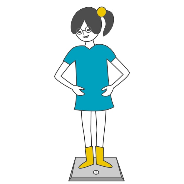 Girloffice trabajador estudiante colegiala pesó en la balanza Personaje de dibujos animados dibujado garabato Vector plano