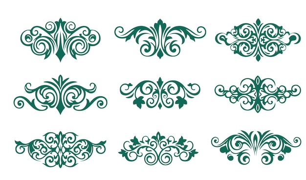 Los giros y remolinos caprichosos Ornamento caligráfico Conjunto de elementos decorativos verdes