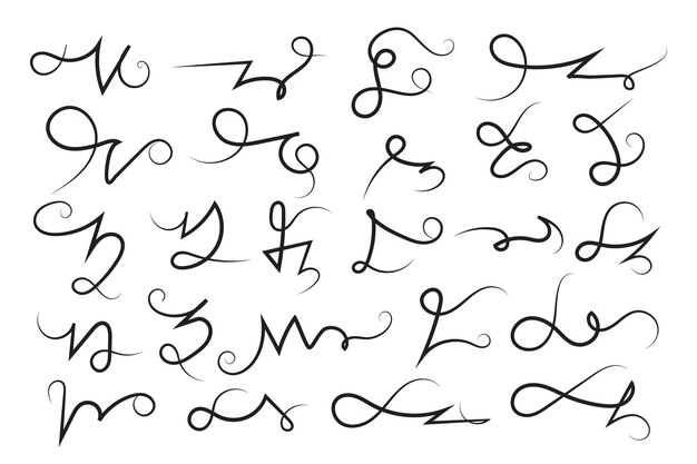 Los giros rizados son decorativos, los lápices de pluma, la filigranía florece, la caligrafía, las letras, los pergaminos, los elementos de texto.