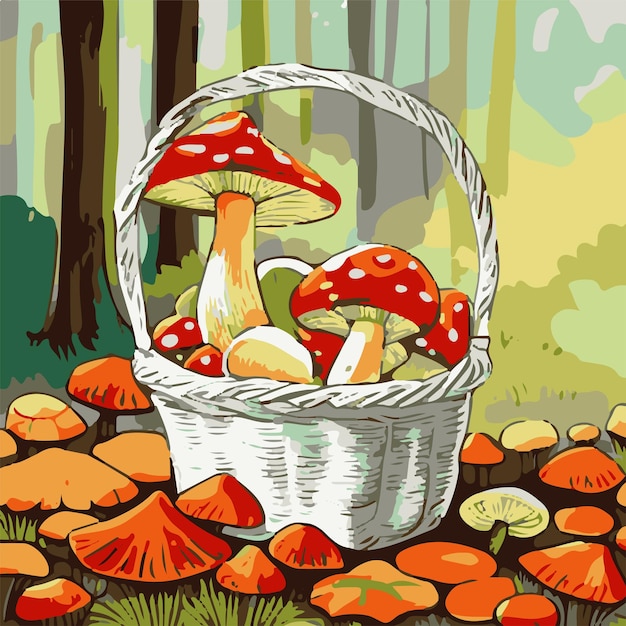 Glade con hongos de otoño en una canasta linda mosca agaric en la ilustración vectorial de dibujos animados del bosque