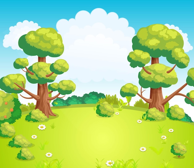 Glade en el medio del parque con hierba verde y flores ilustración vectorial